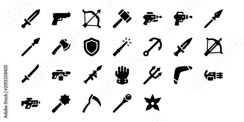 Foto Icon set collection of diverse combat weapons ranging from medieval swords and axes to modern pistols, sci-fi blasters, and tactical gear