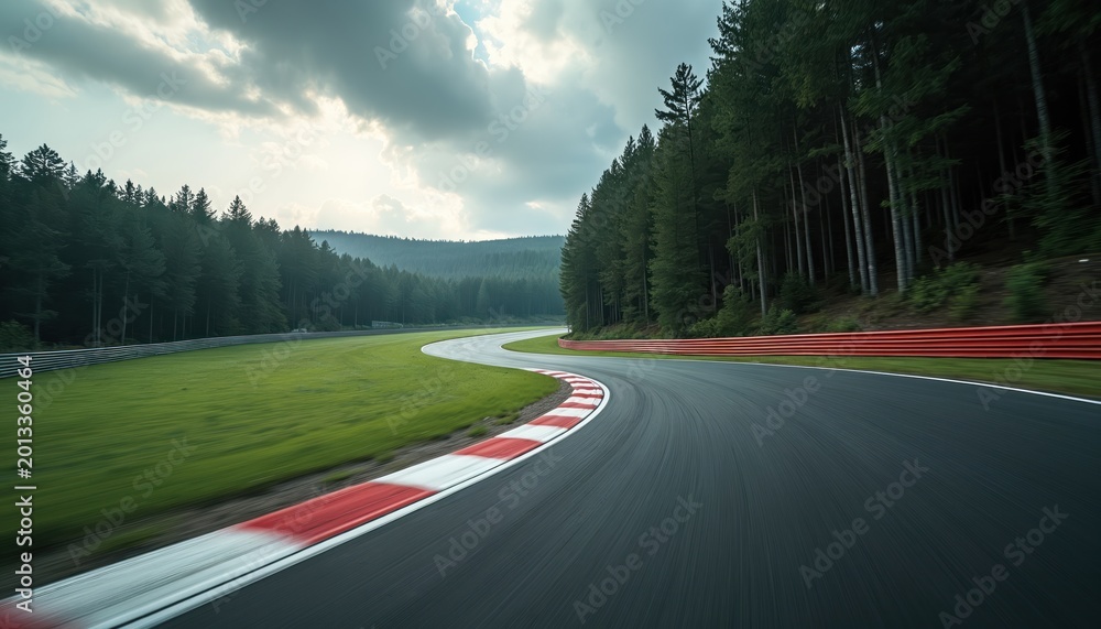Fototapeta premium Race track bend with motion blur effect. Asphalt road winds through green forest. Red and white barriers line the circuit on a cloudy day. High speed driving.