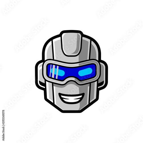 Futuristic robot mascot with bright blue eyes and a friendly smile