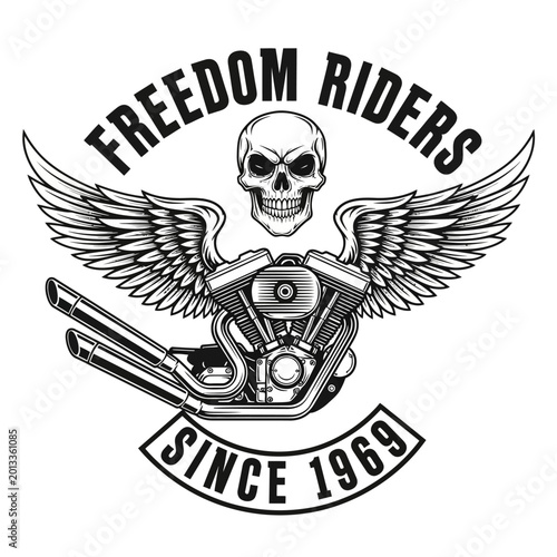 Winged skull and motorcycle engine emblem for freedom riders club