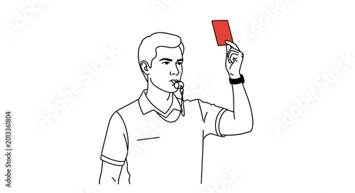 Soccer referee shows red card and blows whistle, disciplinary action in sports