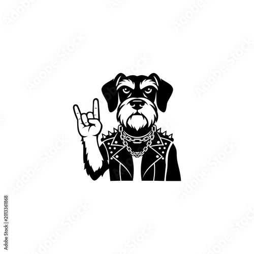Cool dog rocker mascot illustration wearing leather jacket and chains while showing rock hand gesture, monochrome vector design isolated on white background