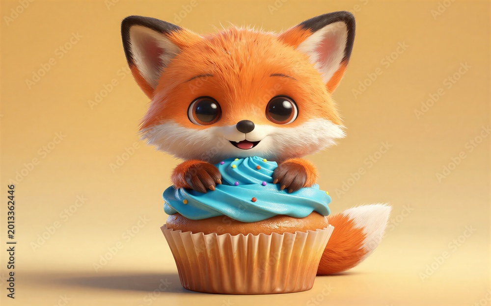 Fototapeta premium Adorable fox peeking out of a blue-frosted cupcake with colorful