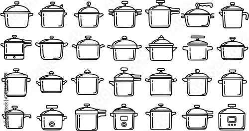 Принти на полотні Black and White Line Art Collection of Various Pots and Pans, Kitchenware, Cooki