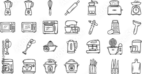 Black and White Line Art Icons of Kitchen Appliances and Utensils for Food Preparation