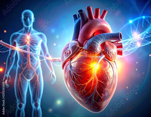 Human heart anatomy with glowing body silhouette, arteries and veins, medical technology, cardiovascular health concept