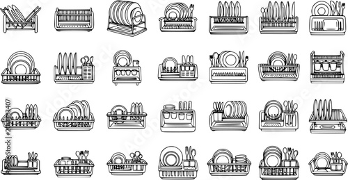 Fotografi Black and White Line Art Collection of Various Dish Drying Racks and Plate Stand