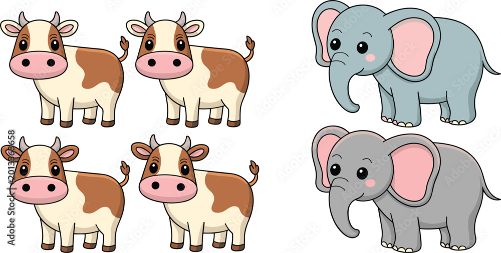 Fototapeta premium Kawaii Cow and Elephant Icon Set with Adorable Expressions for Animal, Nature, and Cute Character Designs