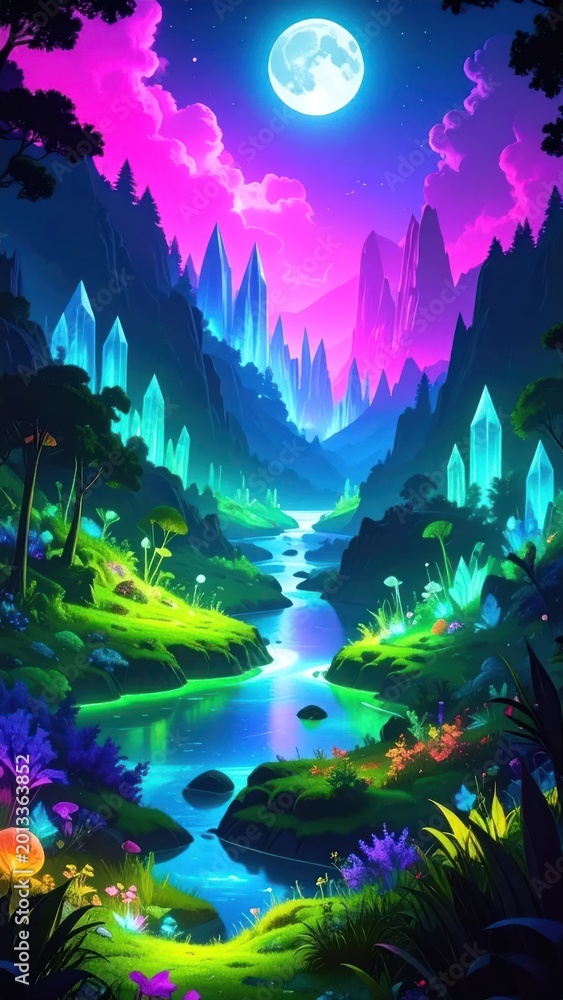 Obraz premium Vibrant landscape features a luminescent moon over a crystal-filled valley and flowing river