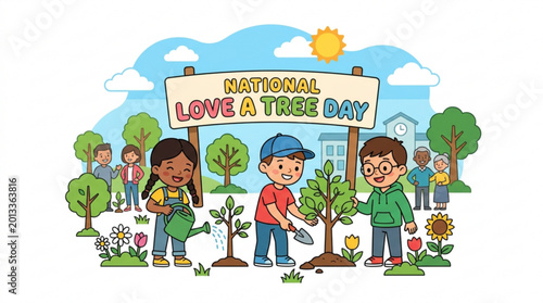 Fotografie Children celebrate national love a tree day by watering and planting trees in a