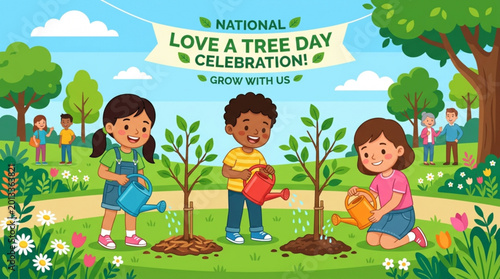 Obraz na plátně Children watering trees on national love a tree day with a joyful celebration in