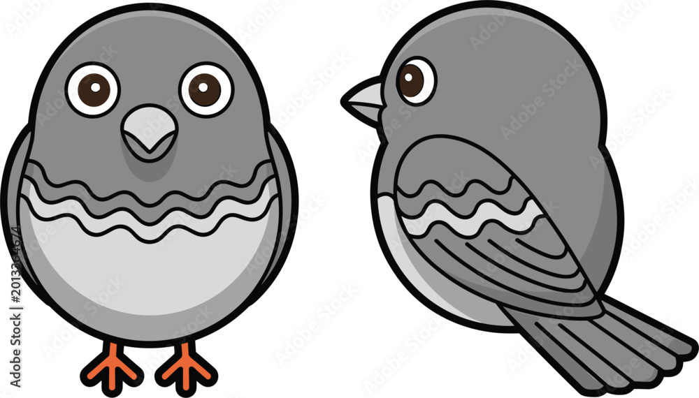 Obraz premium Kawaii Gray Bird Icon Set with Front and Side Views for Nature, Animal, and Cute Character Designs