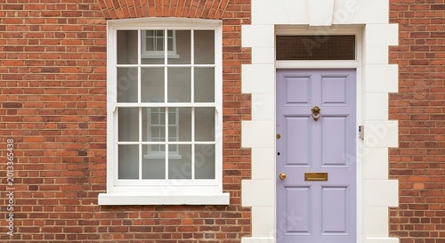 Pastel Purple Front Door and White Framed Window on Red Brick House Facade