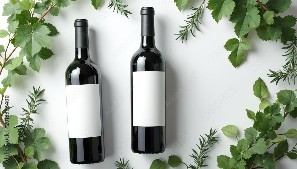 Naklejka premium Two bottles of dark wine with blank white labels sit on clean white surface. Green leaves, rosemary sprigs frame composition, suggesting natural organic origins. Ideal for mockup use beverage brands.