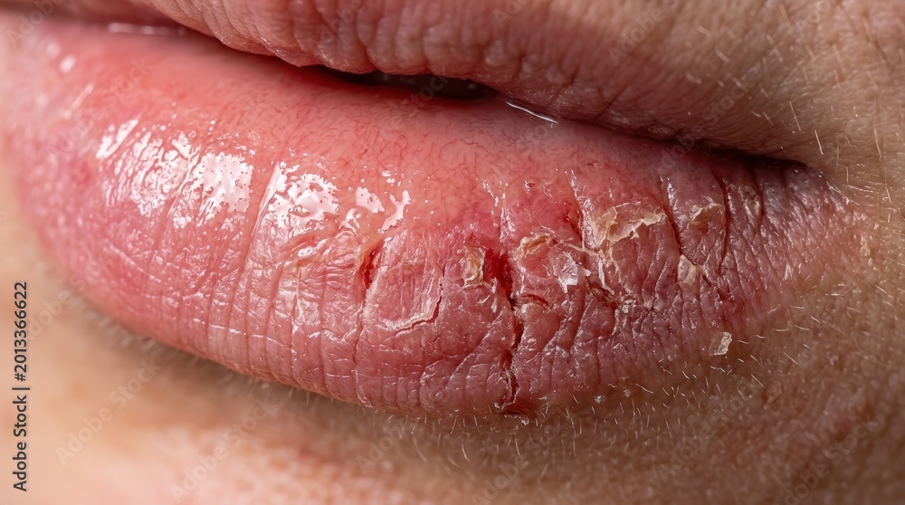 Fototapeta premium Close up of sore and severely cracked lips with peeling skin
