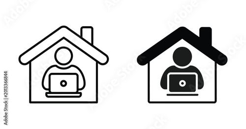 Fotografie Home Office Icons, Minimal Remote Work And House Workspace Symbol Set