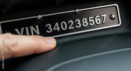 Car insurance accident estimate vehicle identification number closeup hand finger metal plate dashboard theft prevention claim