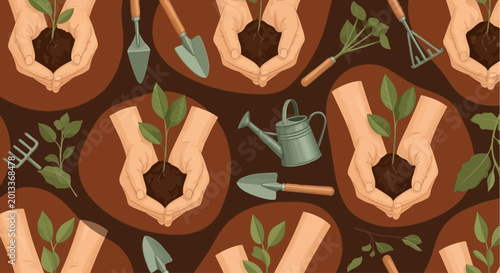 Gardening pattern with hands planting saplings and garden tools