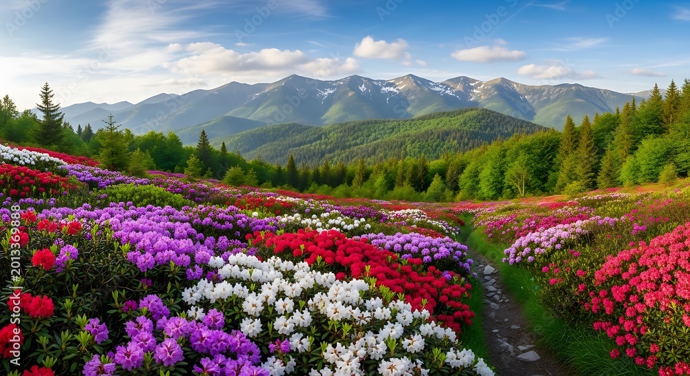 Obraz premium Colorful Wildflower Meadow Blooming Along Mountain Trail in Alpine Landscape
