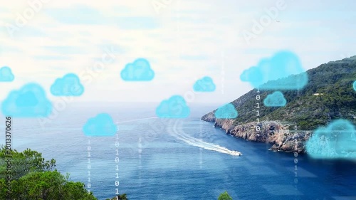 On start white boat leaving wake, blue cloud icons appearing with binary streams, showing network