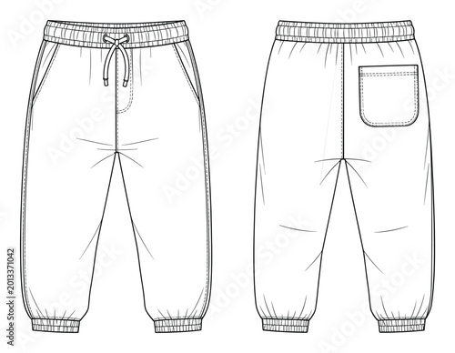 Kids jogger pants technical flat outline sketch with elastic waist and ribbed cuffs
