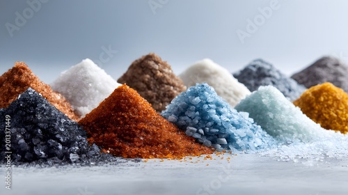 Assortment of Colorful Mineral Salts Piled in Cones on a Light Surface.