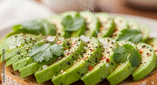Freshly sliced avocado on toasted bread topped with herbs and spices for a healthy snack