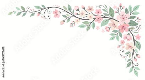 Pink flowers and green leaves frame a white background corner decor