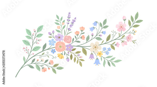 A colorful floral arrangement of flowers and leaves on a white background