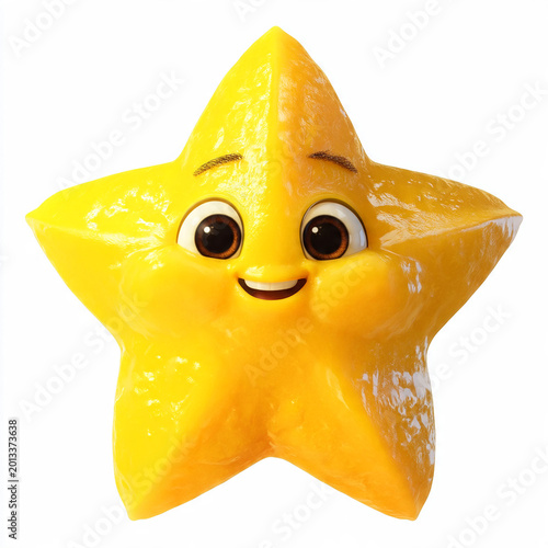 A cheerful bright yellow star fruit character, charmingly shaped like a friendly star, beams with a heartwarming smile and rosy cheeks, radiating pure joy and whimsical charm