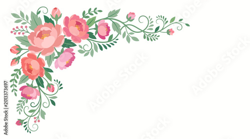 A beautiful floral design with pink roses and green leaves in the top left corner of a white background