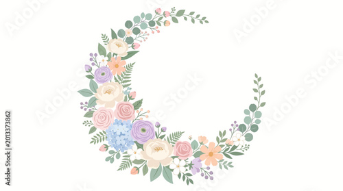 A beautiful floral wreath made of colorful flowers and green leaves on a white background
