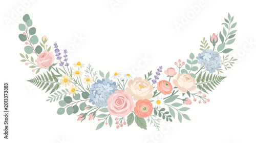 Vibrant floral arrangement with pink roses, blue hydrangeas, and green leaves