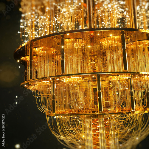 Close-up of a complex quantum computer core with glowing golden optical fibers and intricate components, representing advanced technology and data processing