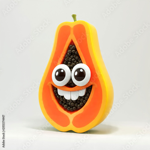 A cheerful and cute 3D cartoon papaya character with a big, happy smile, showcasing its vibrant orange flesh and dark seeds on a bright background, perfect for fun and fresh designs