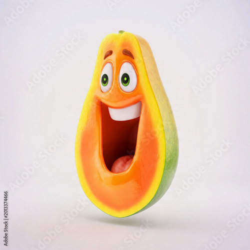 A cute 3D cartoon papaya character, vividly rendered and split open, joyfully expressing happiness with an irresistibly big, wide, and expressive smile, radiating tropical cheer