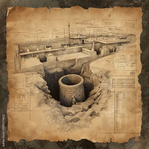 A detailed cross-section drawing of an ancient underground well system, revealing its intricate historical architecture and subterranean construction, presented as a vintage schematic blueprint