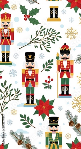 Colorful Nutcracker Soldiers Arranged with Holly and Poinsettia on Festive Christmas Pattern