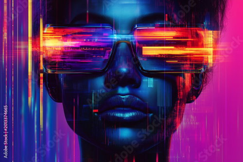 Portrait of futuristic cyber fantasy woman wearing holographic glasses glowing neon light. Dynamic striking aesthetic. Digital art design.