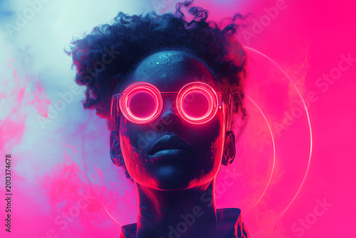 Portrait of futuristic cyber fantasy woman wearing holographic glasses glowing neon light. Digital art design.