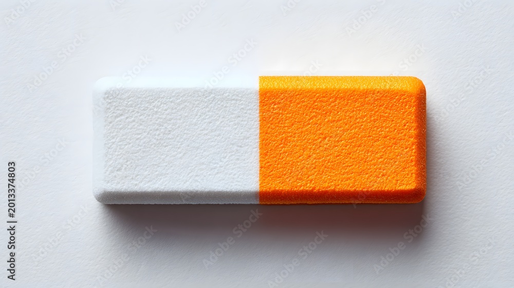 Obraz premium Close-up of a dual-colored eraser with white and orange ends on a plain background.
