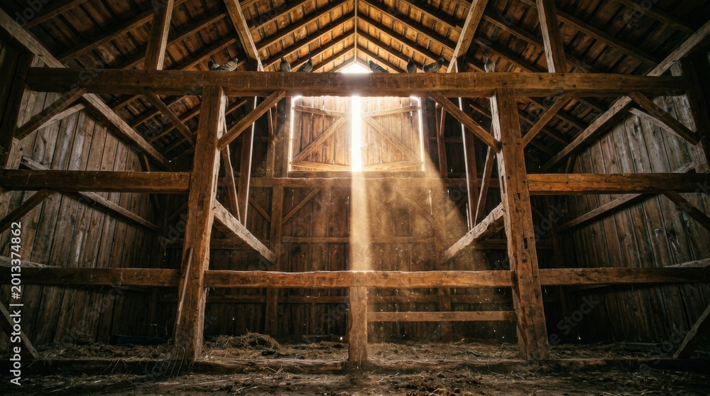 Naklejka premium Wooden Structure Illuminated by Sunlight in an Old Barn.
