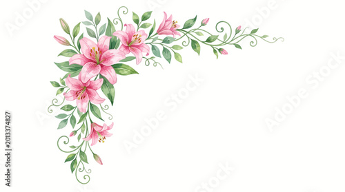 Pink flowers and green leaves form a decorative floral border corner on white background