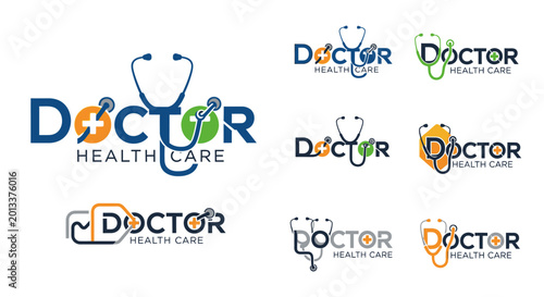 Medical logos with stethoscope and cross symbols for healthcare branding