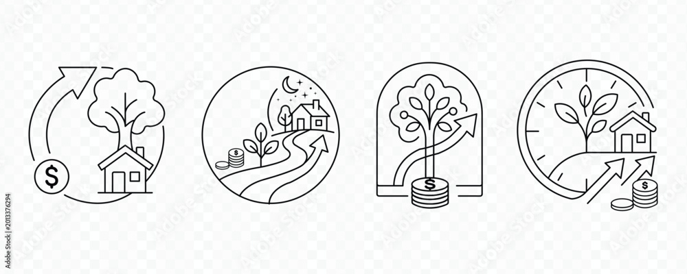 Obraz premium Vector icons illustrating financial growth and sustainable development with trees, houses, and coins in a line art style on a transparent background