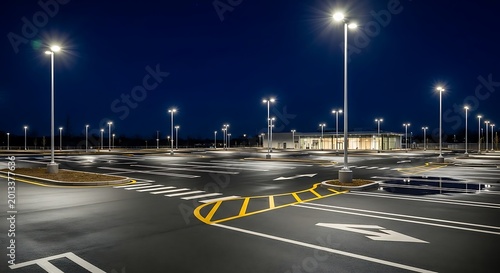 Empty Modern Parking Lot Illuminated by Streetlights at Night