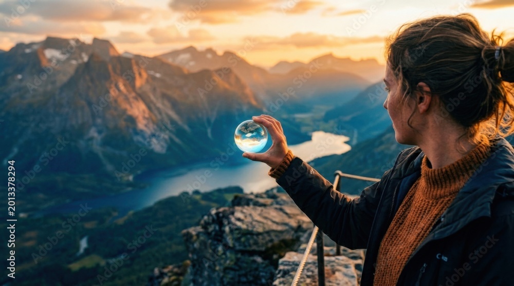 Fototapeta premium Woman holding crystal ball overlooking mountain landscape at sunset.