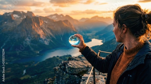 Woman holding crystal ball overlooking mountain landscape at sunset.