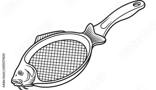 Fotografía Fishing net illustration with a striped handle and fish figure inside a hand dra