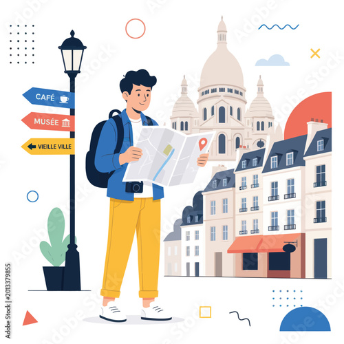 A tourist consults a map while standing in front of historic buildings